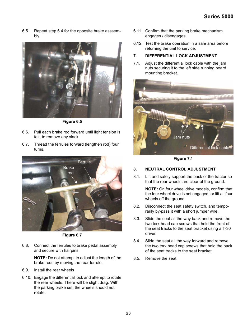 Differential lock adjustment, Neutral control adjustment, Series 5000 | Cub Cadet 5000 Series User Manual | Page 27 / 28