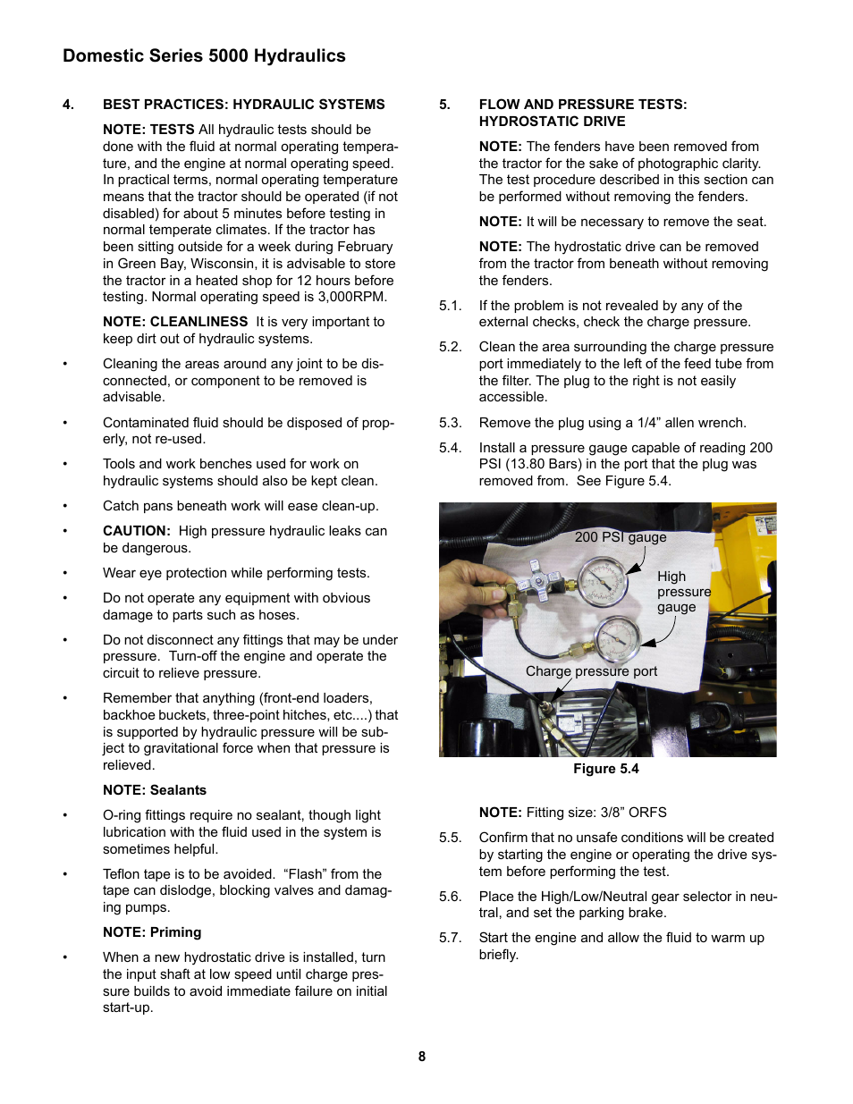 Best practices: hydraulic systems, Flow and pressure tests: hydrostatic drive, Domestic series 5000 hydraulics | Cub Cadet 5000 Series User Manual | Page 12 / 96