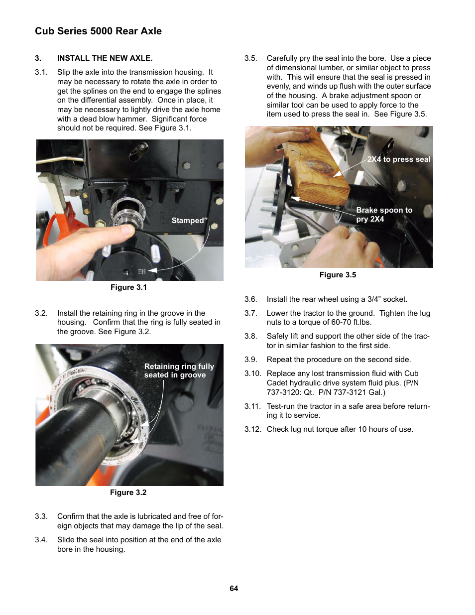 Install the new axle, Cub series 5000 rear axle | Cub Cadet 5000 Series User Manual | Page 68 / 96