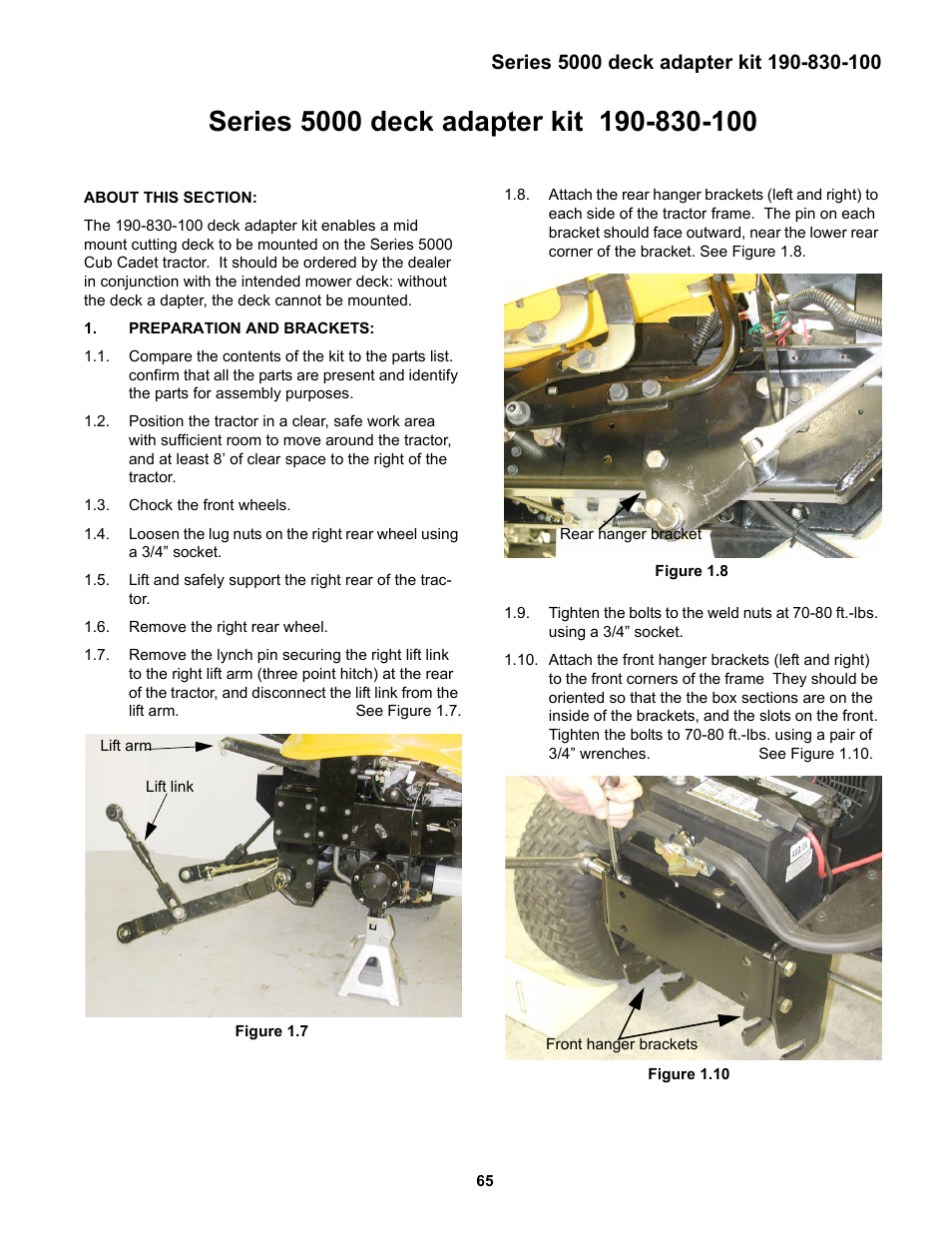 Series 5000 deck adapter kit 190-830-100, Preparation and brackets | Cub Cadet 5000 Series User Manual | Page 69 / 96