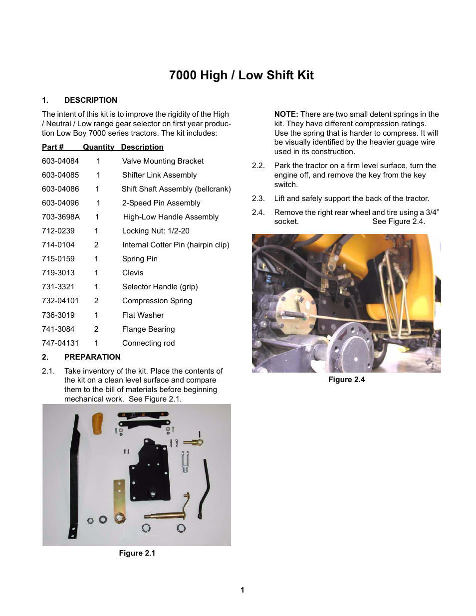 7000 high / low shift kit, Description, Preparation | Cub Cadet 7000 Domestic Hi/Lo Shift User Manual | Page 5 / 13