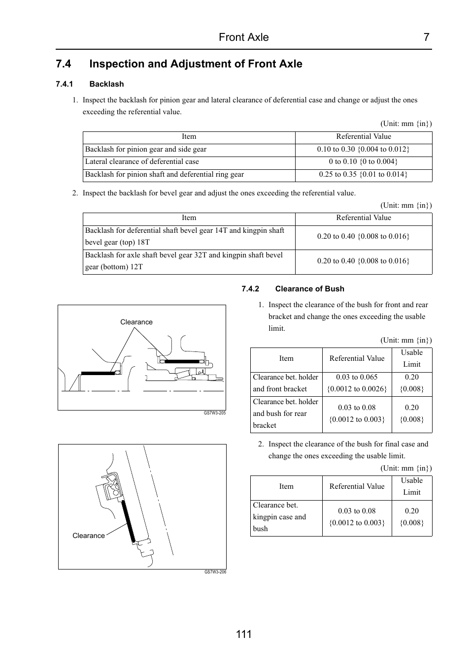 4 inspection and adjustment of front axle, 1 backlash, 2 clearance of bush | Inspection and adjustment of front axle | Cub Cadet 7532 User Manual | Page 153 / 232