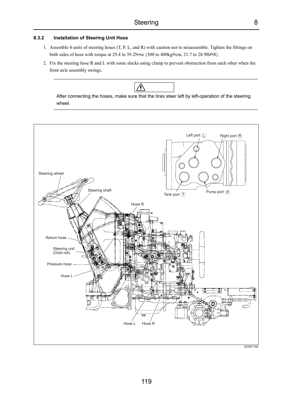 2 installation of steering unit hose, Steering 8 119, Caution | Cub Cadet 7532 User Manual | Page 161 / 232