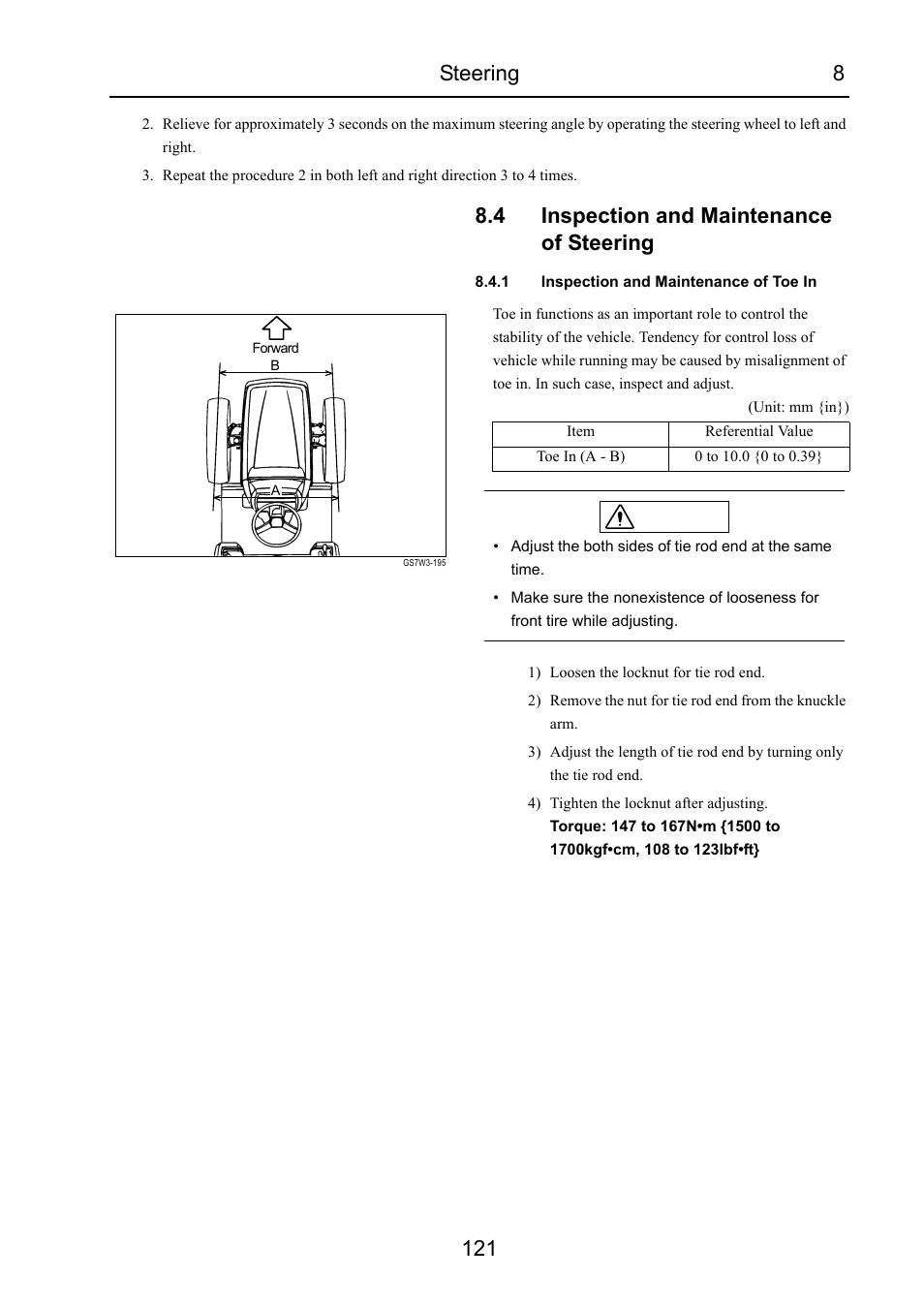 4 inspection and maintenance of steering, 1 inspection and maintenance of toe in, Inspection and maintenance of steering | Steering 8 121 | Cub Cadet 7532 User Manual | Page 163 / 232