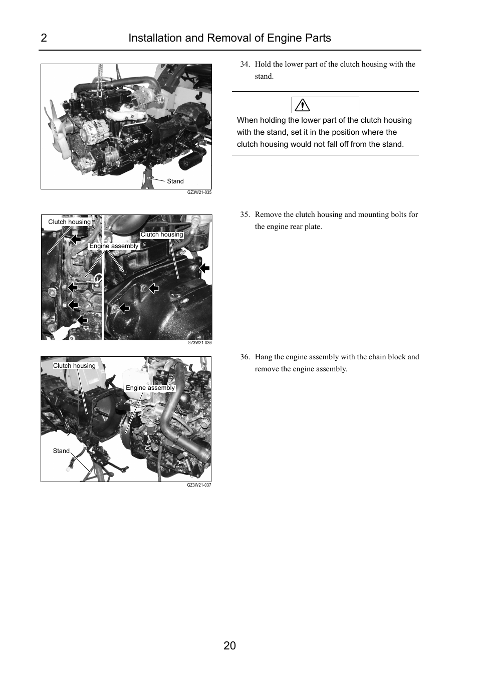 2installation and removal of engine parts 20, Caution | Cub Cadet 7532 User Manual | Page 60 / 232