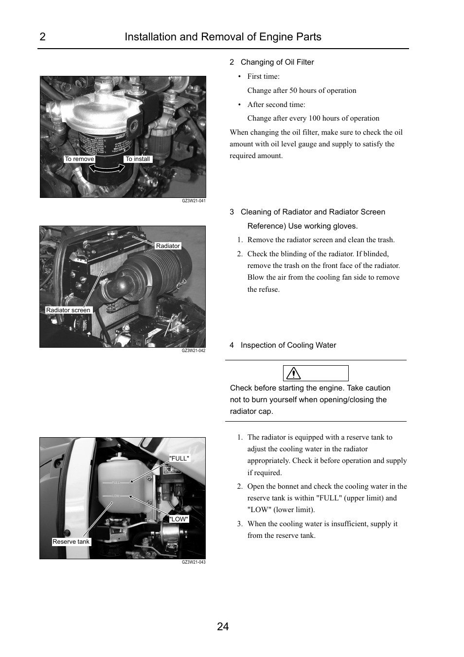 2installation and removal of engine parts 24, Caution | Cub Cadet 7532 User Manual | Page 64 / 232
