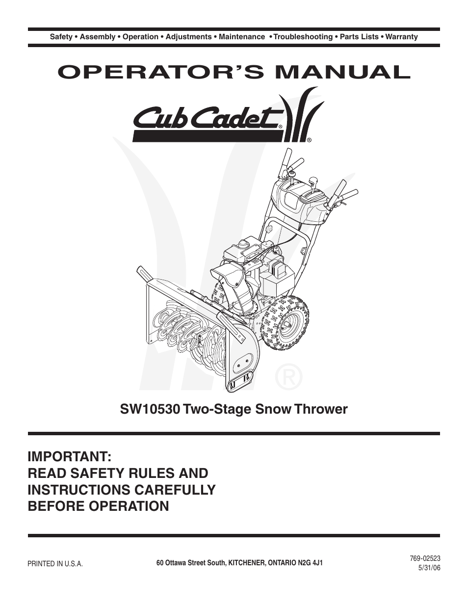 Cub Cadet SW10530 User Manual | 22 pages