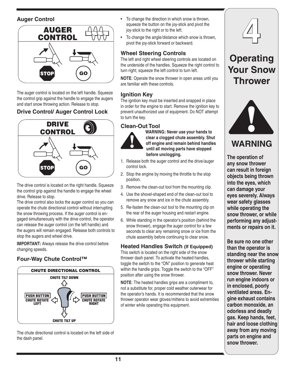 Operating your snow thrower, Warning | Cub Cadet SW10530 User Manual | Page 11 / 22