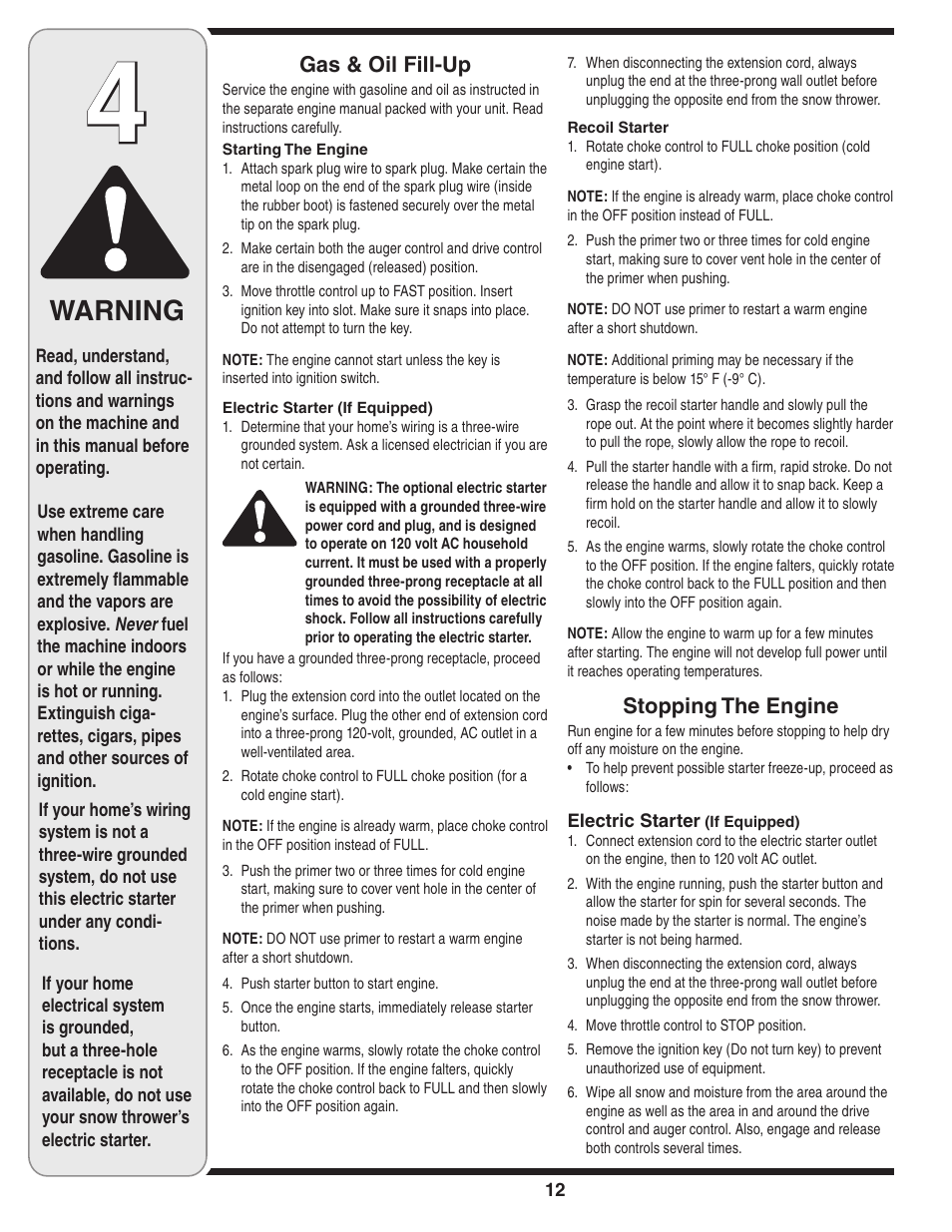 Warning, Gas & oil fill-up, Stopping the engine | Cub Cadet SW10530 User Manual | Page 12 / 22