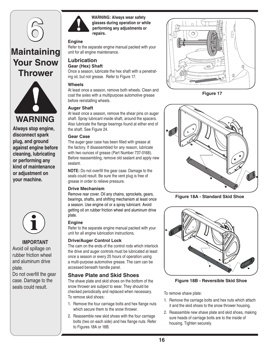 Maintaining your snow thrower, Warning | Cub Cadet SW10530 User Manual | Page 16 / 22
