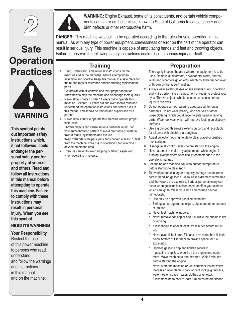 Safe operation practices, Warning, Training | Preparation | Cub Cadet SW10530 User Manual | Page 4 / 22