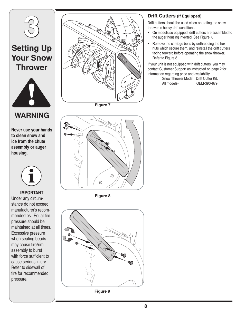 Setting up your snow thrower, Warning | Cub Cadet SW10530 User Manual | Page 8 / 22