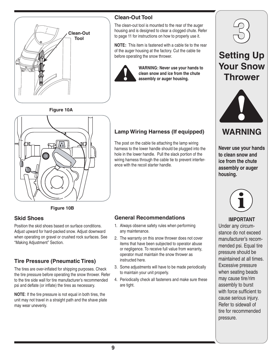 Setting up your snow thrower, Warning | Cub Cadet SW10530 User Manual | Page 9 / 22