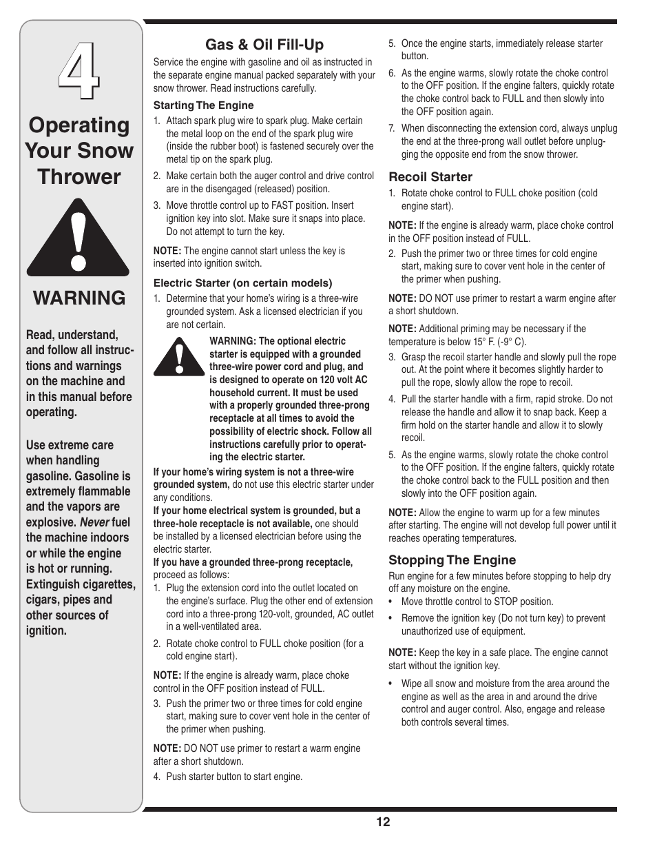 Operating your snow thrower, Warning | Cub Cadet SW1345L User Manual | Page 12 / 23