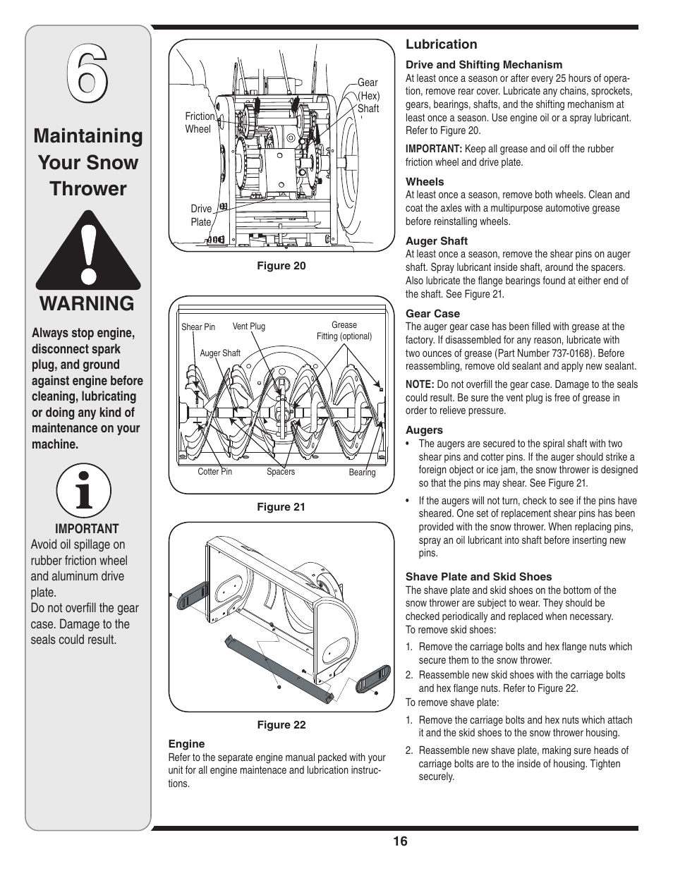 Maintaining your snow thrower warning | Cub Cadet SW1345L User Manual | Page 16 / 23