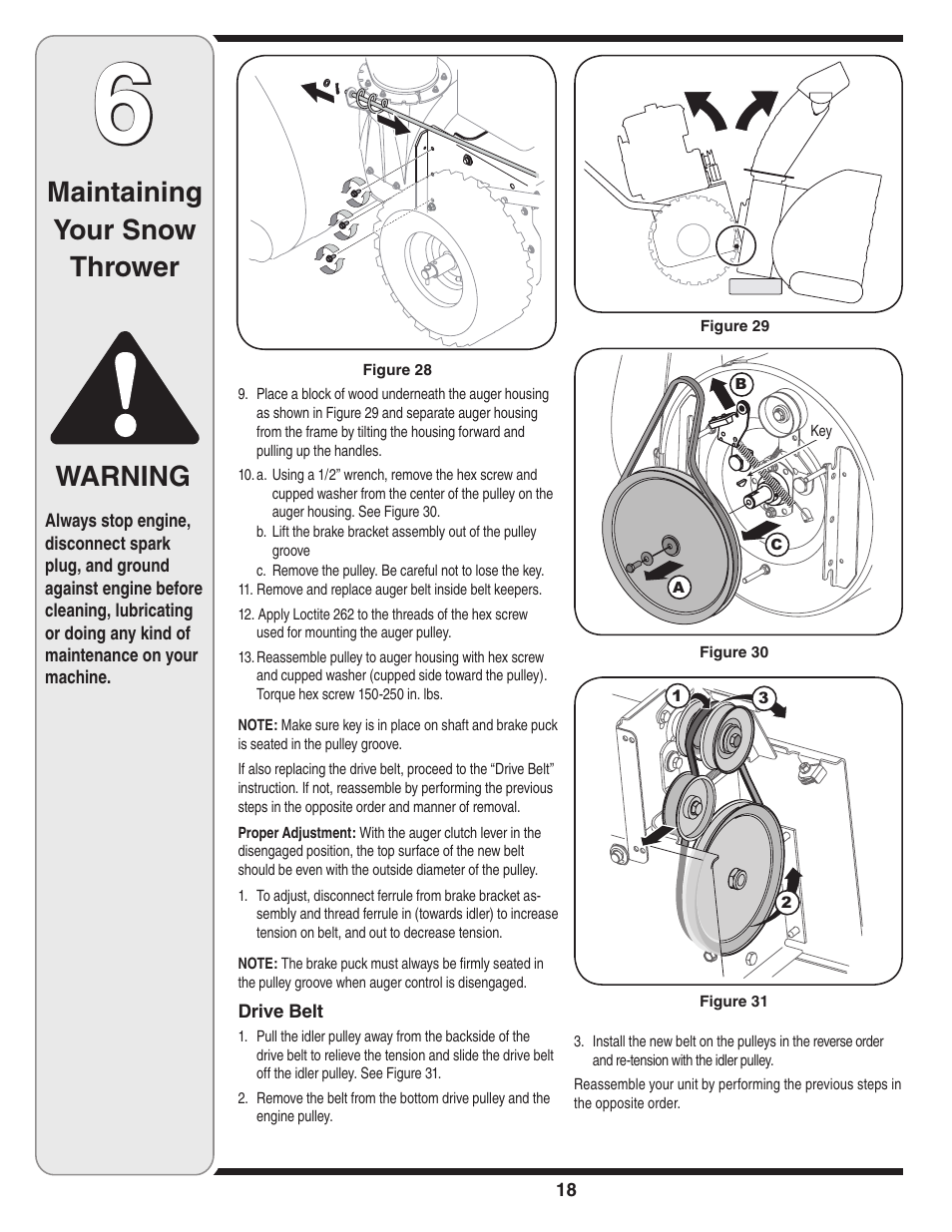 Maintaining your snow thrower warning | Cub Cadet SW1345L User Manual | Page 18 / 23