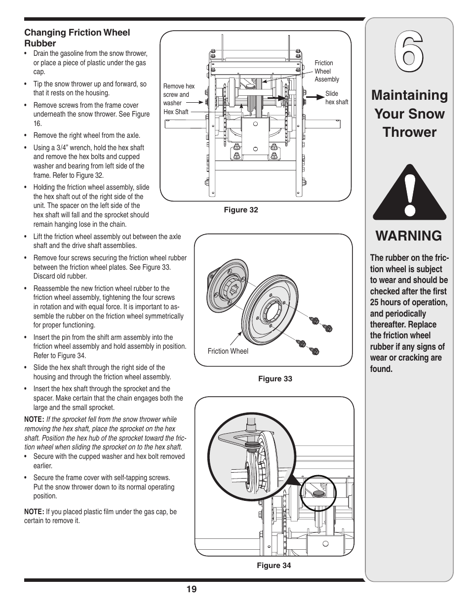 Maintaining your snow thrower warning | Cub Cadet SW1345L User Manual | Page 19 / 23