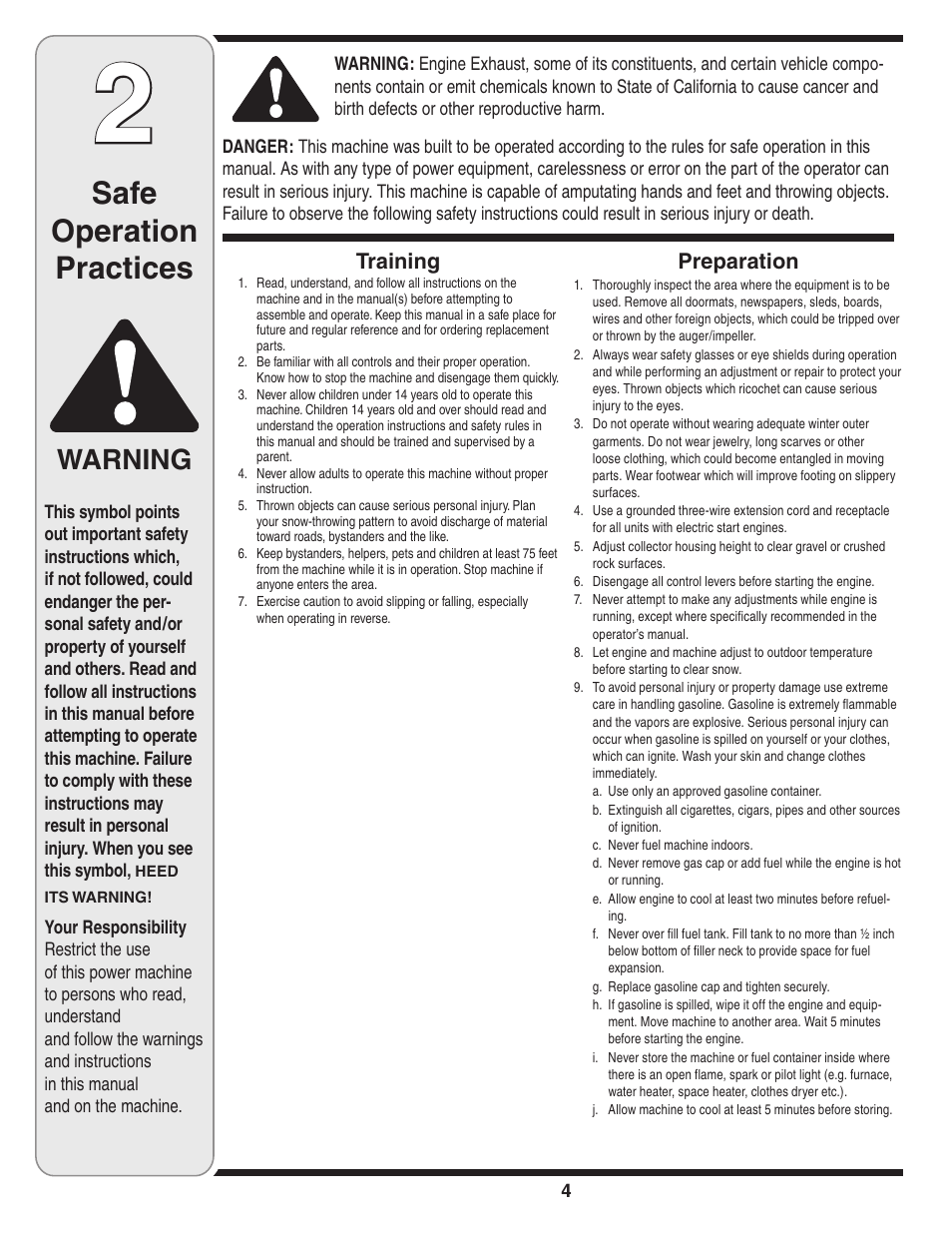 Safe operation practices, Warning, Training | Preparation | Cub Cadet SW1345L User Manual | Page 4 / 23