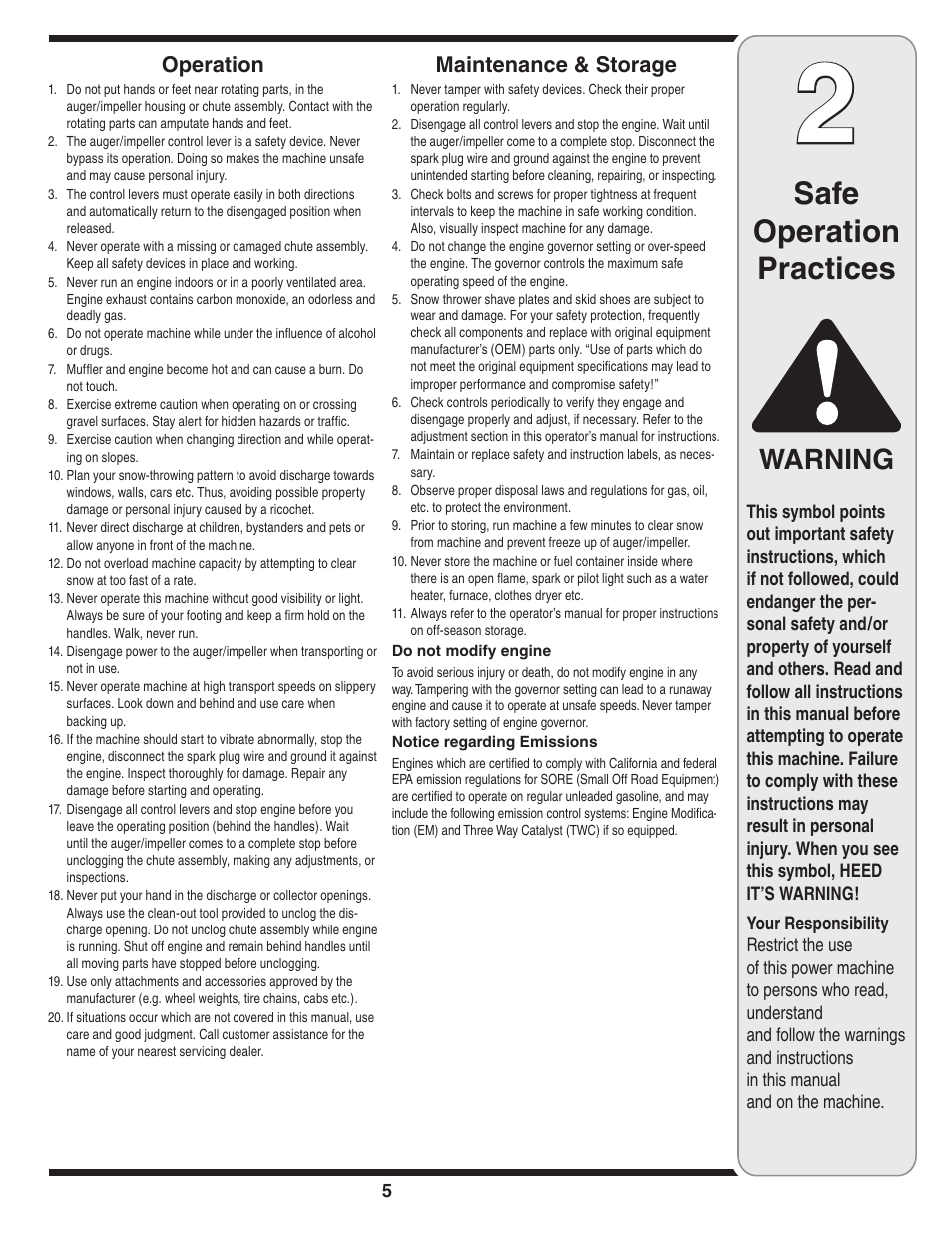 Safe operation practices, Warning, Operation | Maintenance & storage | Cub Cadet SW1345L User Manual | Page 5 / 23