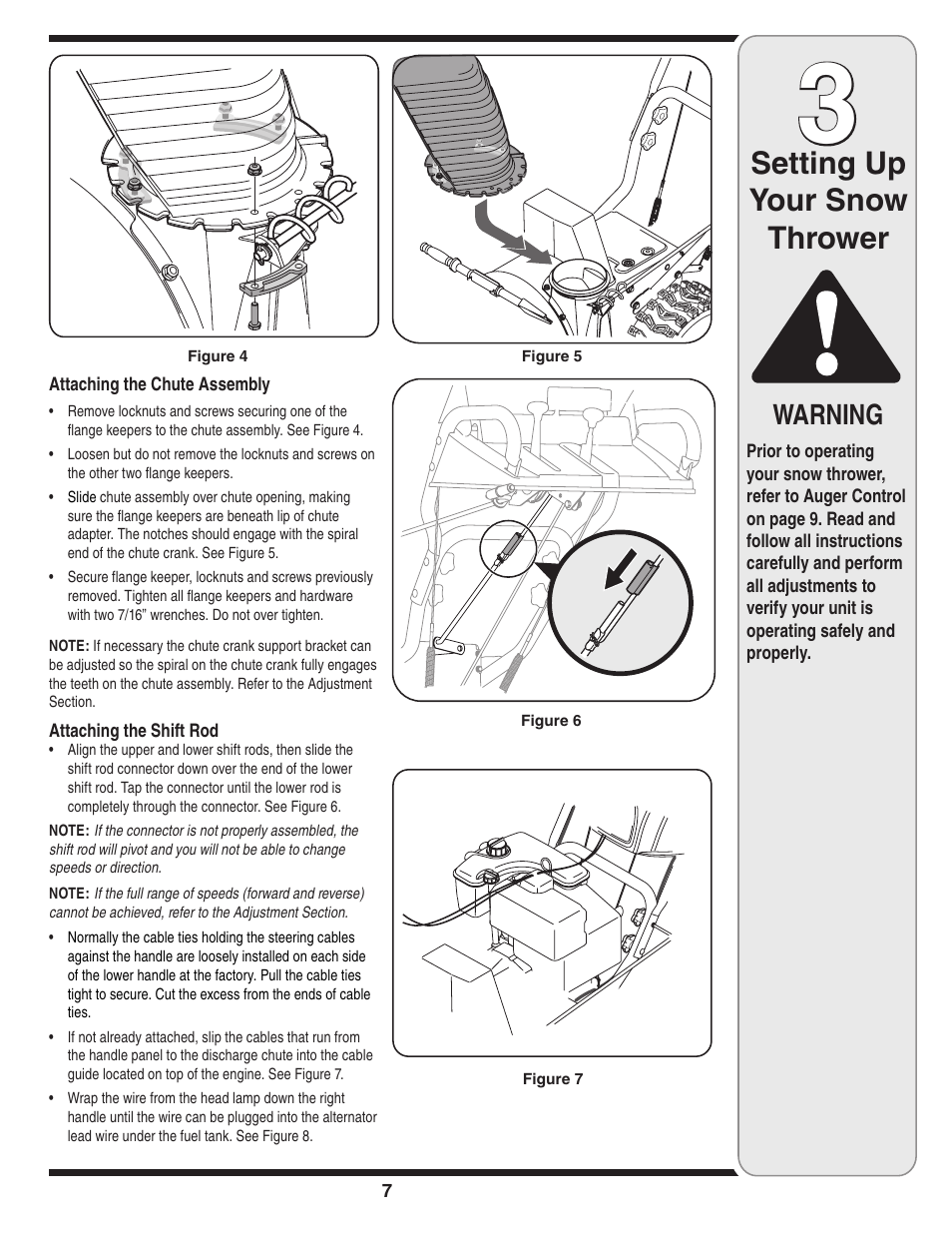 Setting up your snow thrower, Warning | Cub Cadet SW1345L User Manual | Page 7 / 23