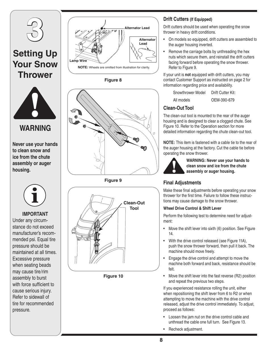 Setting up your snow thrower, Warning | Cub Cadet SW1345L User Manual | Page 8 / 23