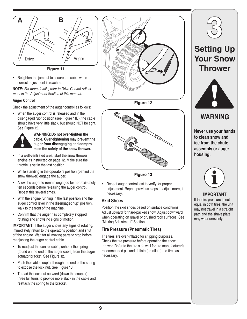 Setting up your snow thrower, Warning | Cub Cadet SW1345L User Manual | Page 9 / 23