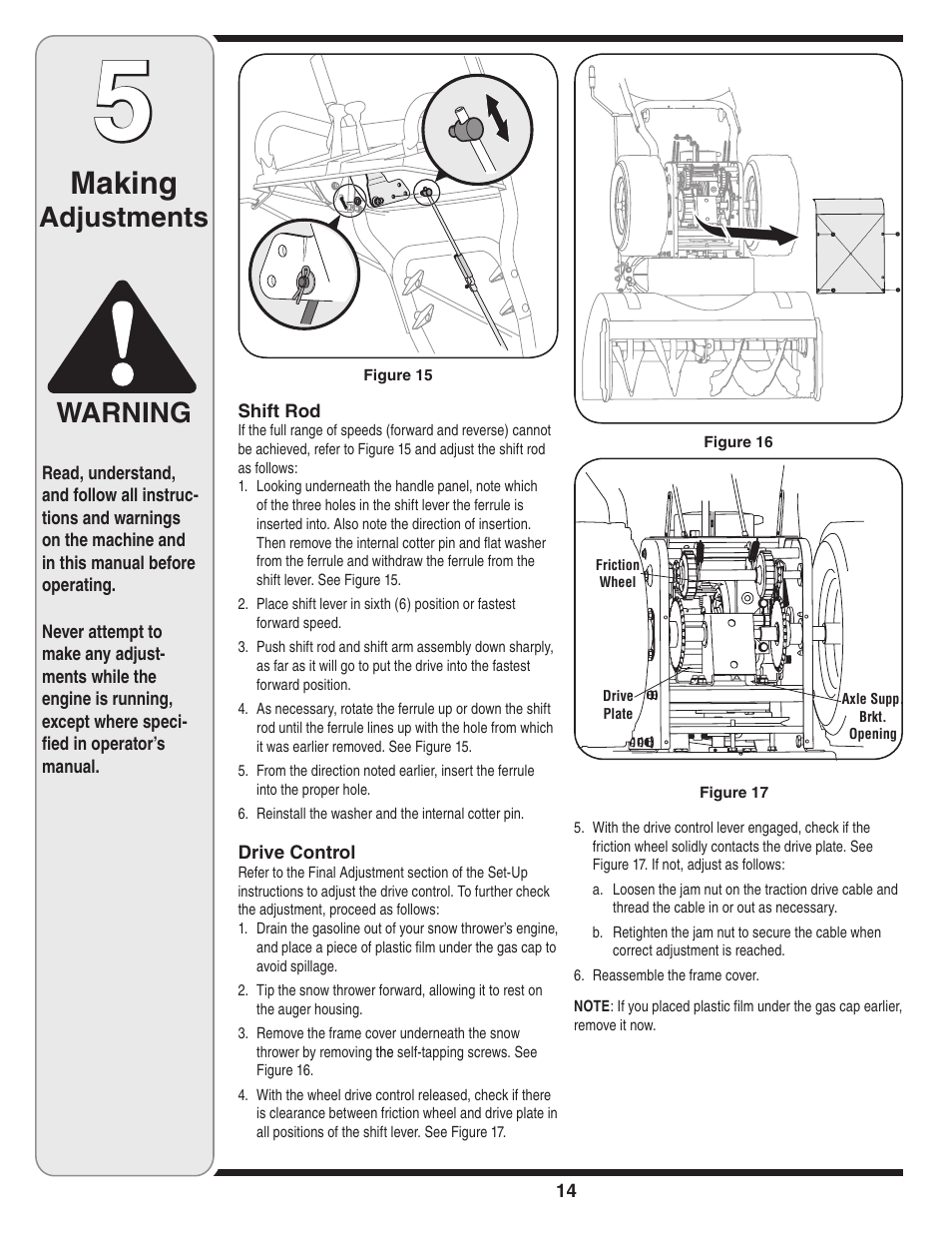 Making, Adjustments warning | Cub Cadet 31AE9M6G596 User Manual | Page 14 / 23