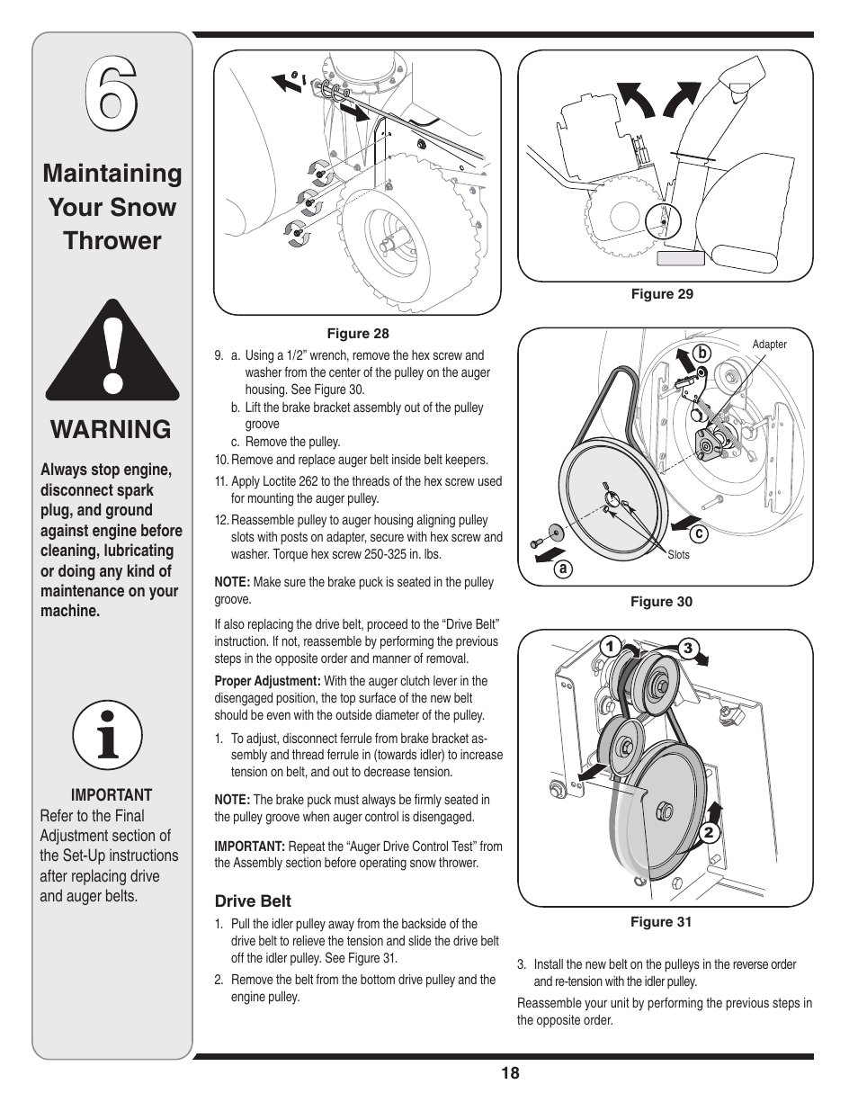 Maintaining your snow thrower warning | Cub Cadet 31AE9M6G596 User Manual | Page 18 / 23