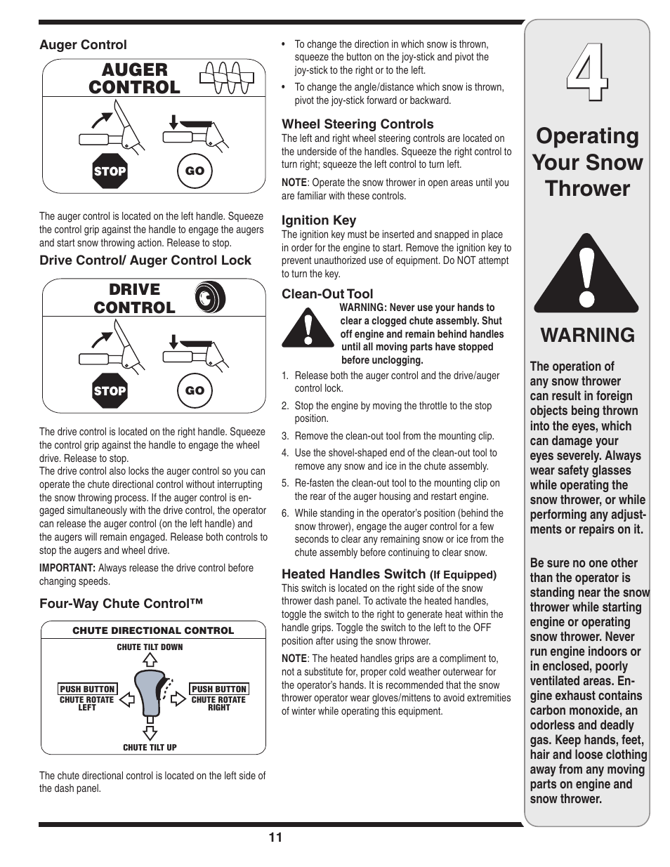 Operating your snow thrower, Warning | Cub Cadet 31AH5MLH596 User Manual | Page 11 / 21