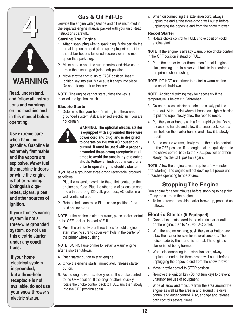 Warning, Gas & oil fill-up, Stopping the engine | Cub Cadet 31AH5MLH596 User Manual | Page 12 / 21