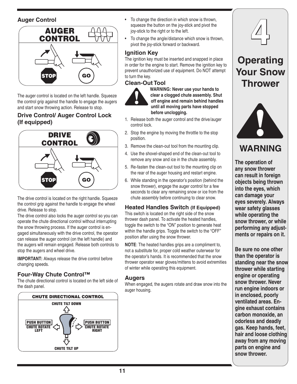 Operating your snow thrower, Warning | Cub Cadet 31AH6DLE596 User Manual | Page 11 / 23