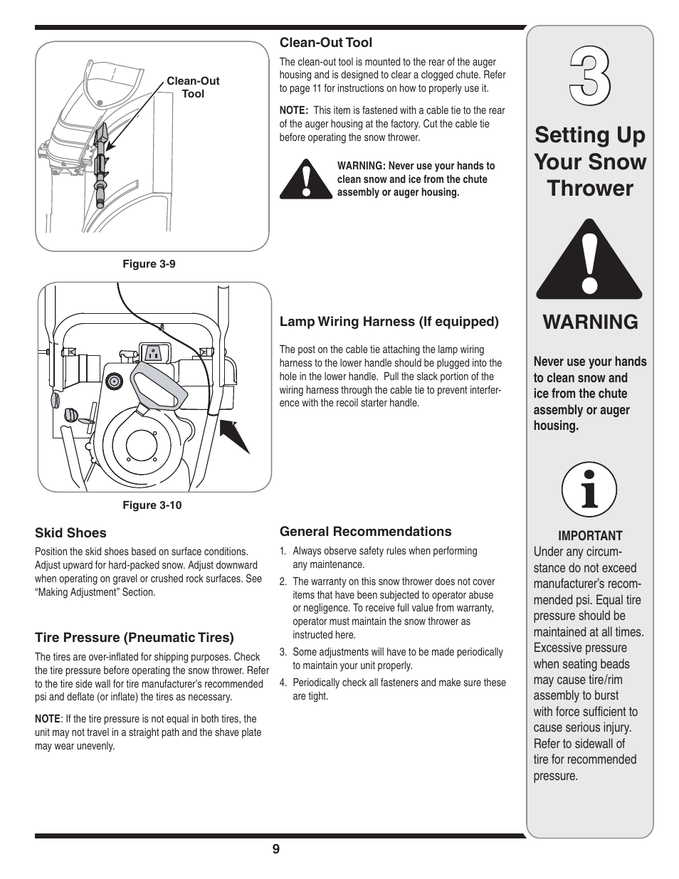 Setting up your snow thrower, Warning | Cub Cadet 31AH6DLE596 User Manual | Page 9 / 23