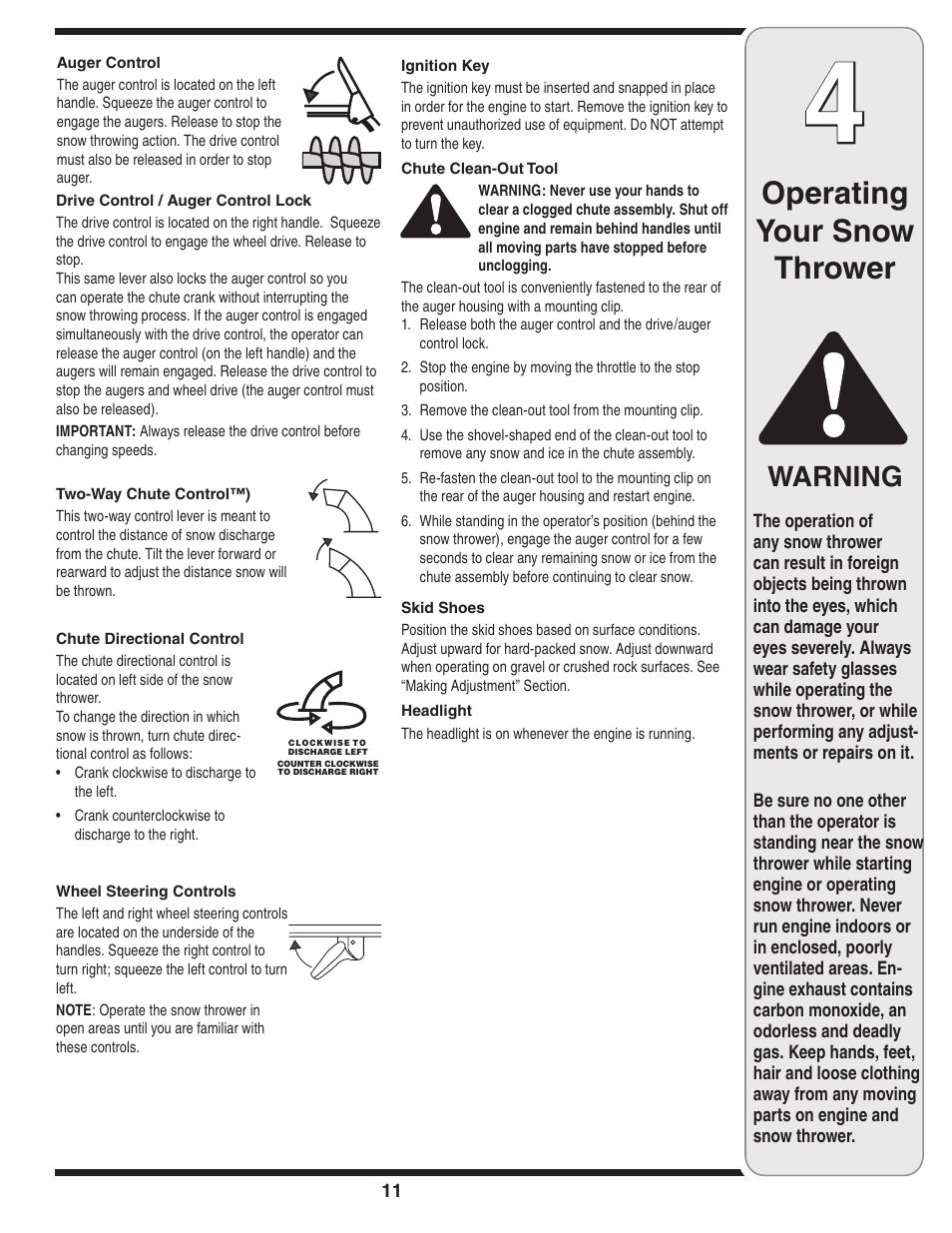 Operating your snow thrower, Warning | Cub Cadet Two-Stage User Manual | Page 11 / 23