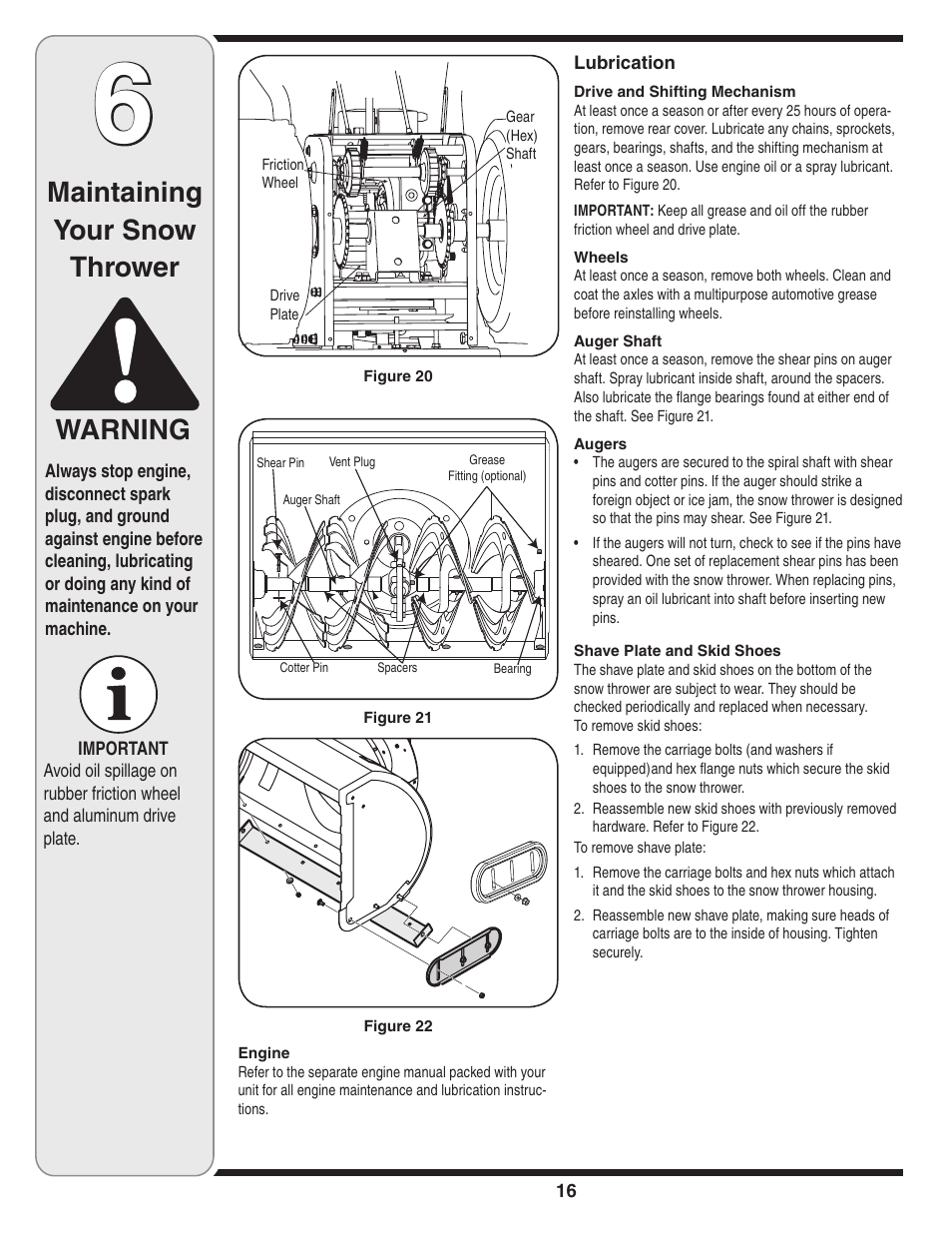 Maintaining your snow thrower warning | Cub Cadet Two-Stage User Manual | Page 16 / 23