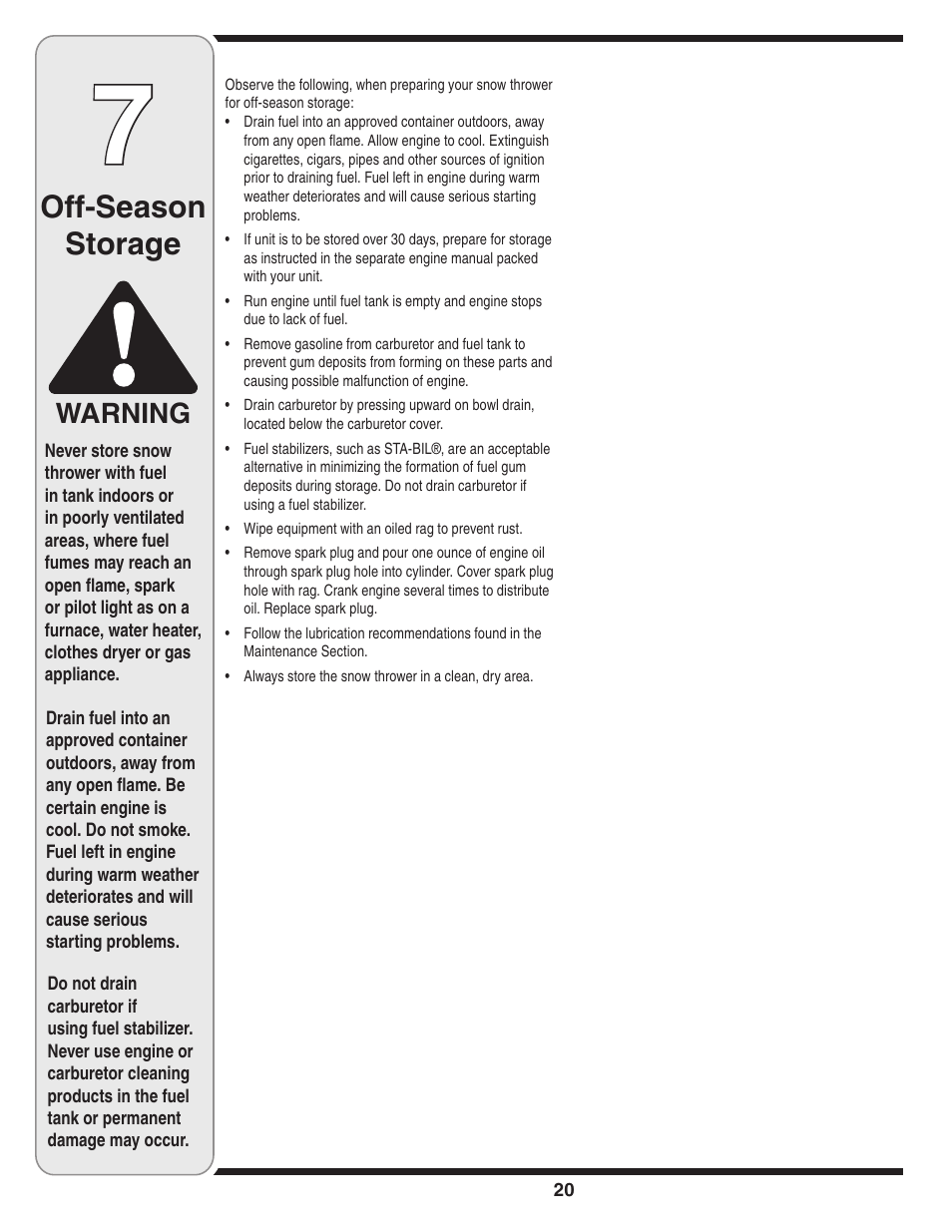 Off-season storage, Warning | Cub Cadet Two-Stage User Manual | Page 20 / 23