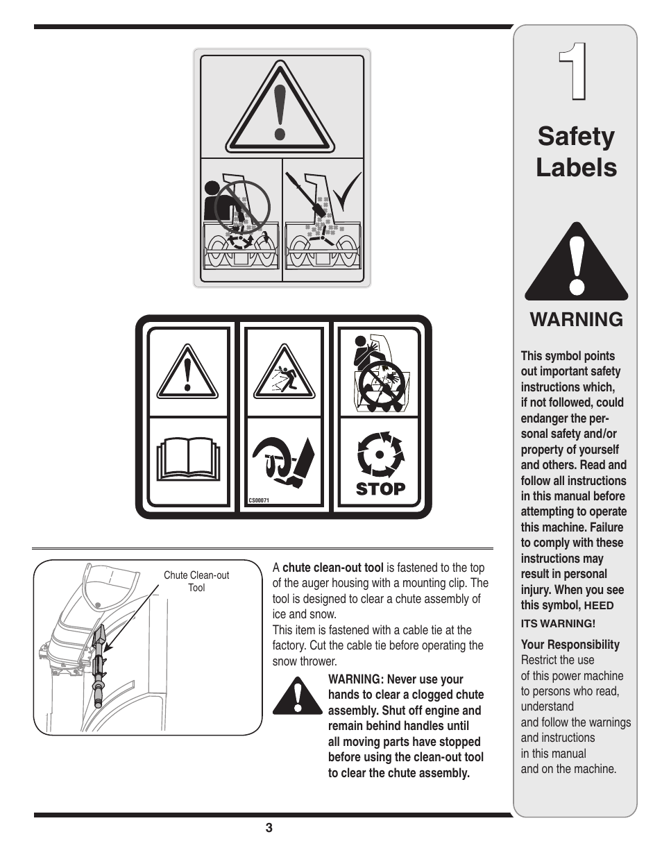 Safety labels | Cub Cadet Two-Stage User Manual | Page 3 / 23