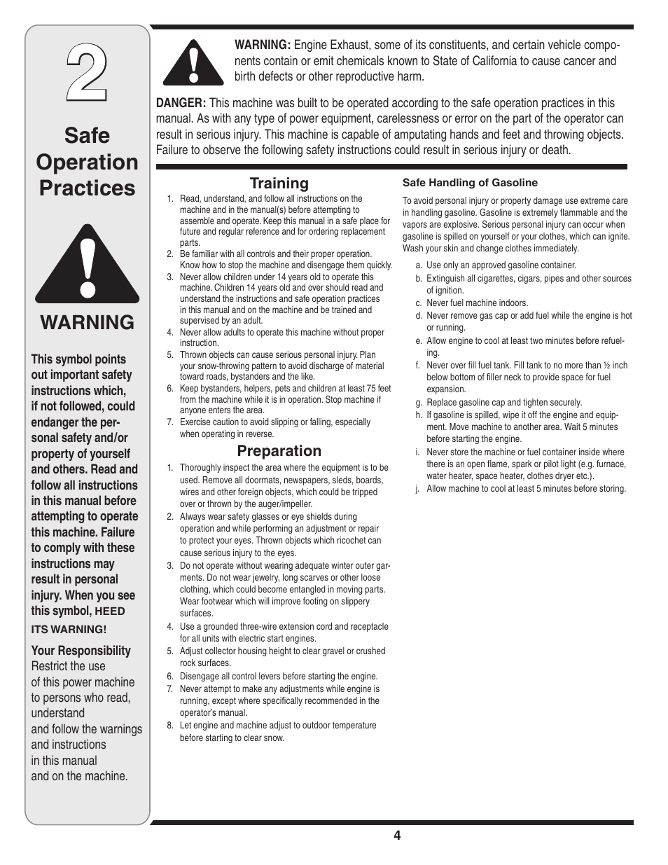 Safe operation practices, Warning, Training | Preparation | Cub Cadet Two-Stage User Manual | Page 4 / 23