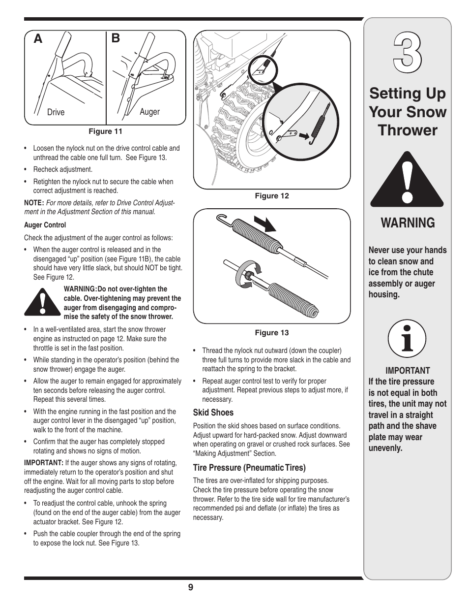 Setting up your snow thrower, Warning | Cub Cadet Two-Stage User Manual | Page 9 / 23