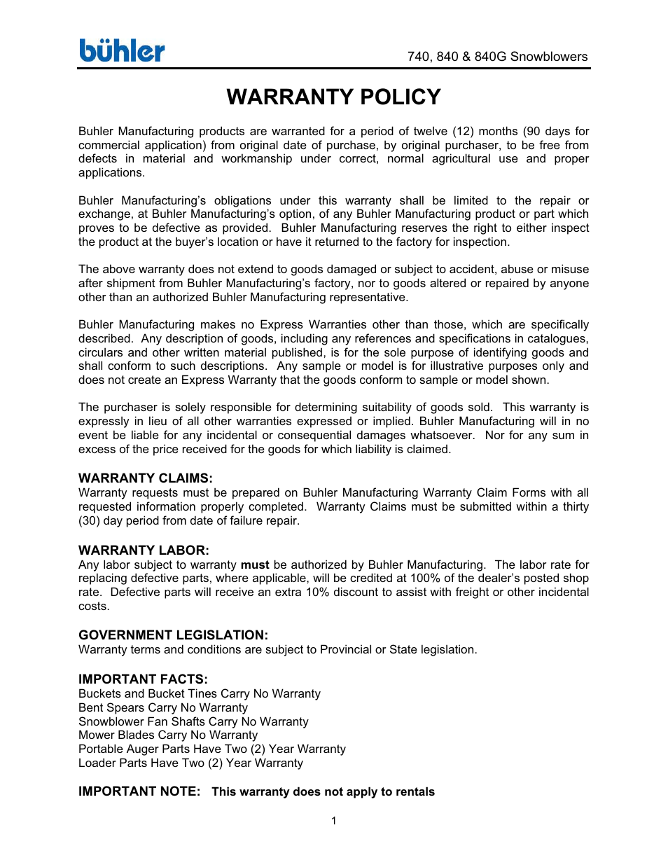 Warranty policy | Buhler Farm king FK314 User Manual | Page 4 / 32