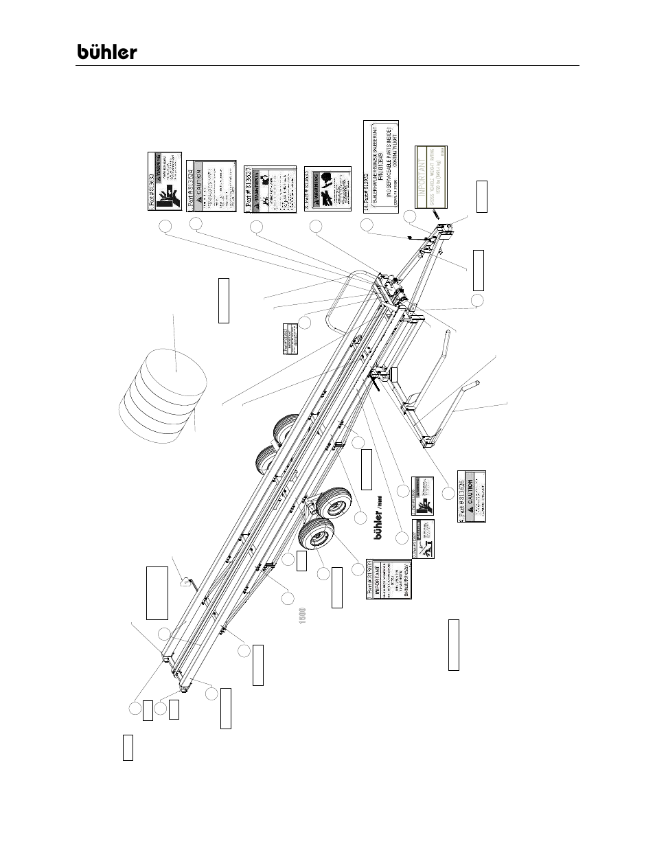 Bühler, Terminology and decal locations illustration, 1500 bale carrier | Buhler 6000 HQ6095 User Manual | Page 4 / 81