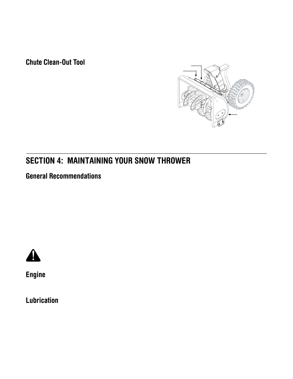 Chute clean-out tool, General recommendations, Engine | Lubrication | Cub Cadet 500 series User Manual | Page 12 / 19