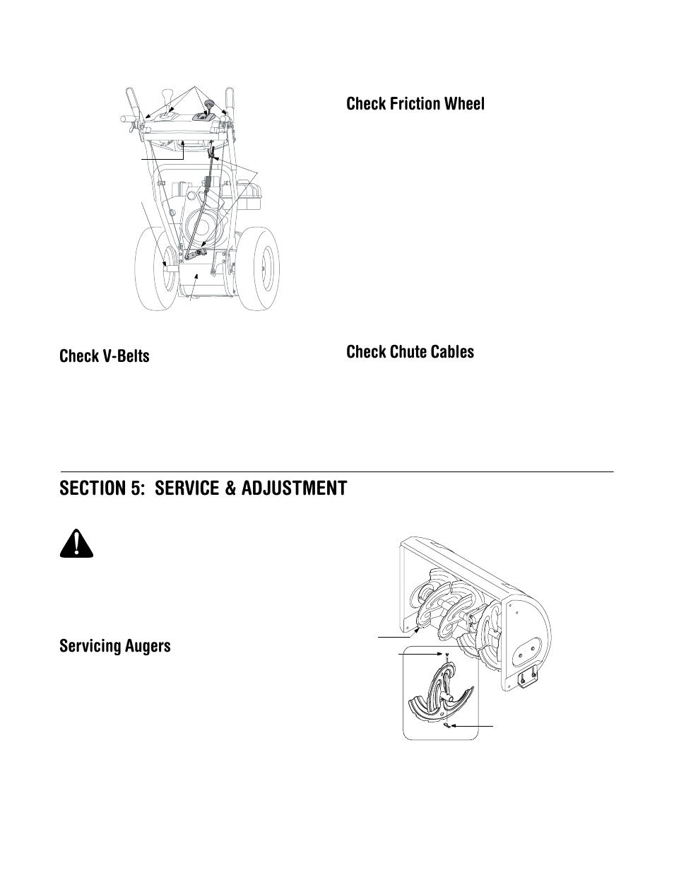Check v-belts, Check friction wheel, Check chute cables | Servicing augers | Cub Cadet 500 series User Manual | Page 13 / 19