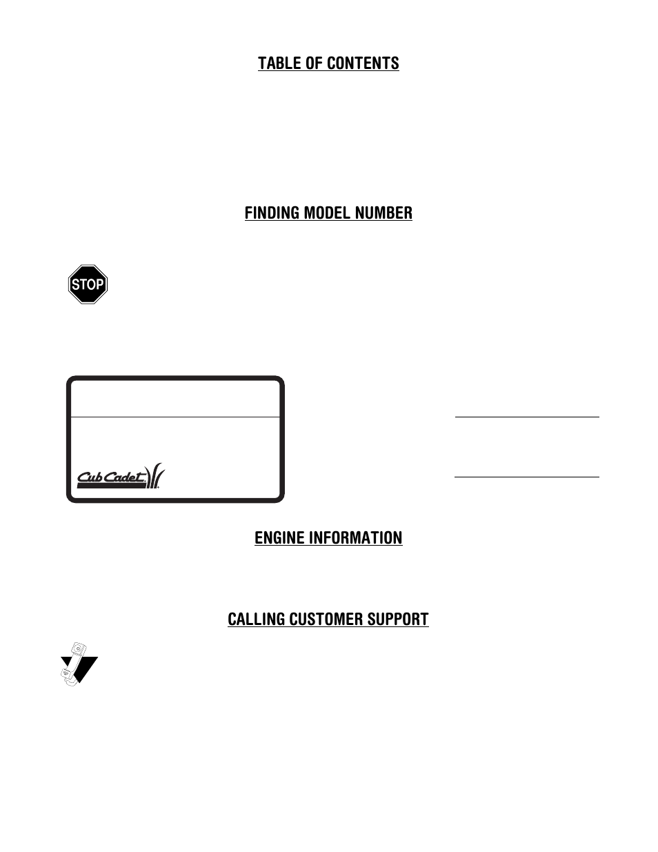 Table of contents finding model number, Engine information, Calling customer support | Cub Cadet 500 series User Manual | Page 2 / 19