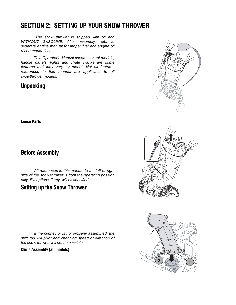 Unpacking, Before assembly, Setting up the snow thrower | Cub Cadet 500 series User Manual | Page 5 / 19