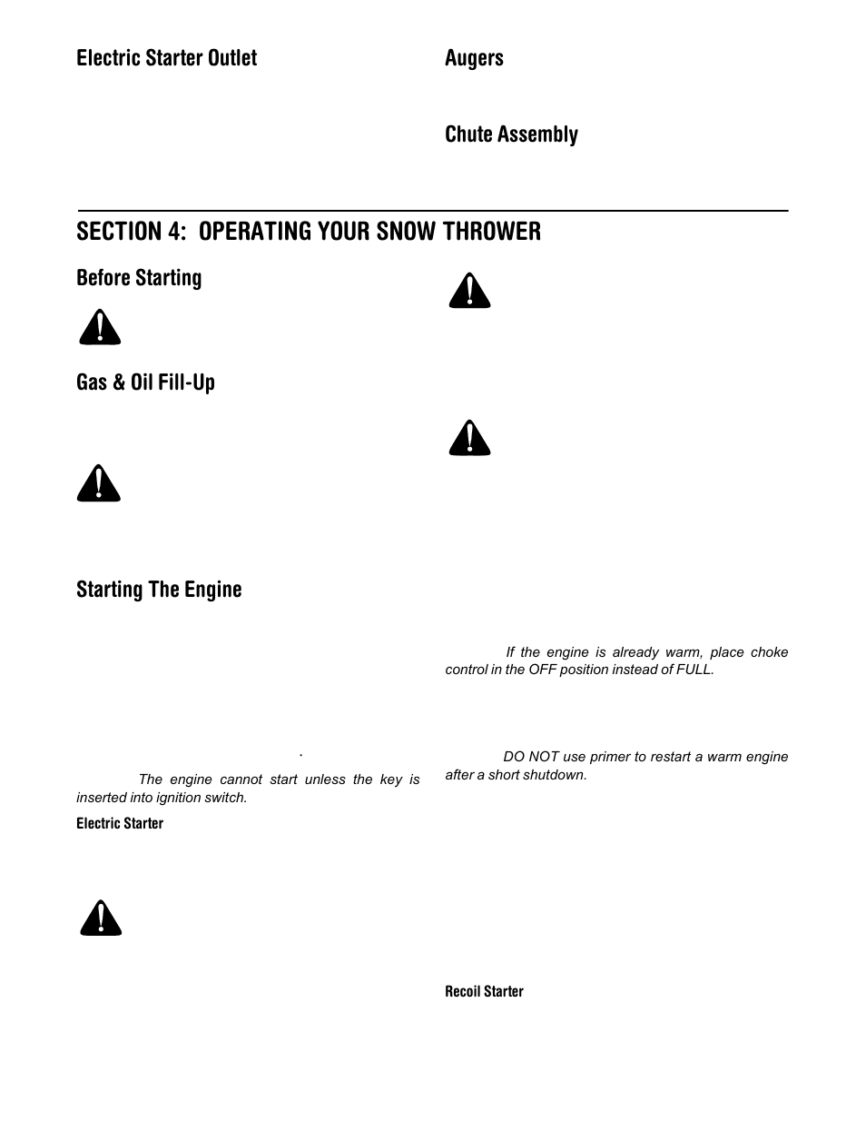 Electric starter outlet, Augers, Chute assembly | Before starting, Gas & oil fill-up, Starting the engine | Cub Cadet 600 series User Manual | Page 10 / 21