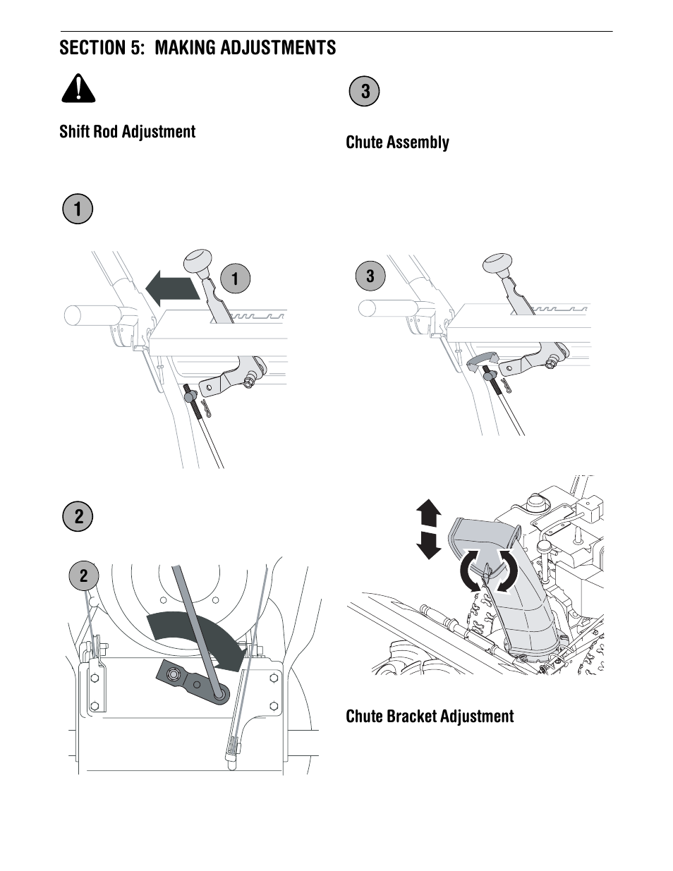 Shift rod adjustment, Chute assembly, Chute bracket adjustment | Cub Cadet 600 series User Manual | Page 14 / 21