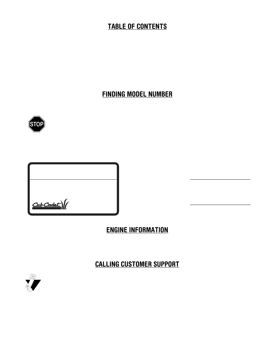 Table of contents finding model number, Engine information, Calling customer support | Cub Cadet 600 series User Manual | Page 2 / 21