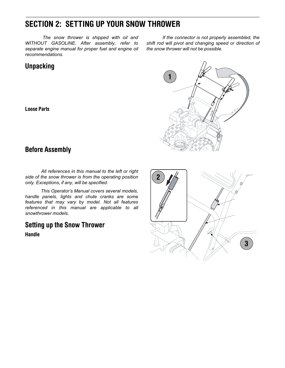 Unpacking, Before assembly, Setting up the snow thrower | Cub Cadet 600 series User Manual | Page 5 / 21