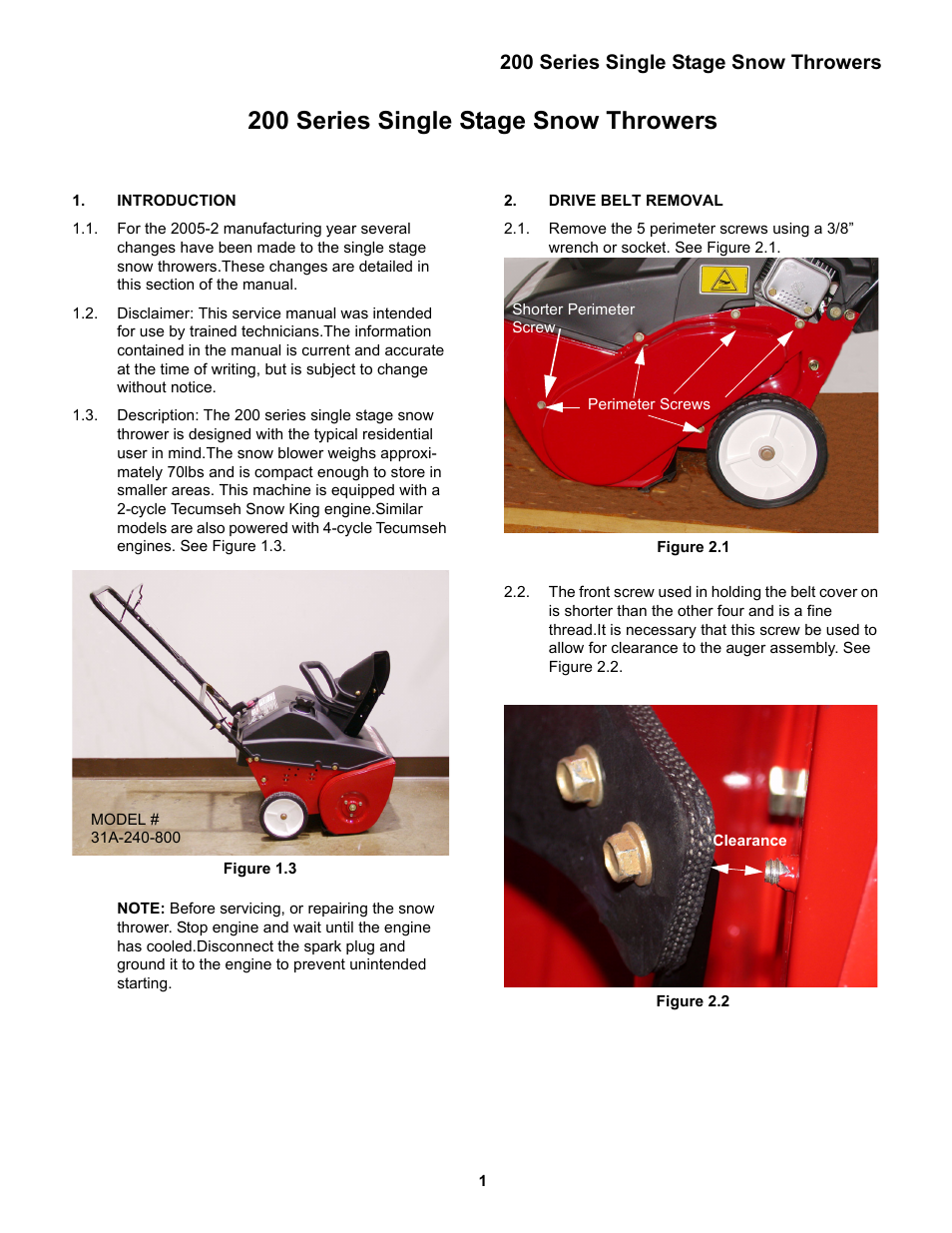 Introduction, Drive belt removal, Introduction drive belt removal | 200 series single stage snow throwers | Cub Cadet 200 Series User Manual | Page 5 / 11