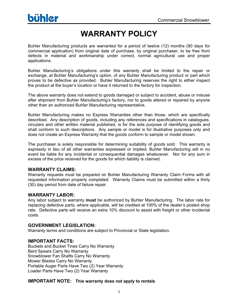 Warranty policy | Buhler FK348 User Manual | Page 4 / 44